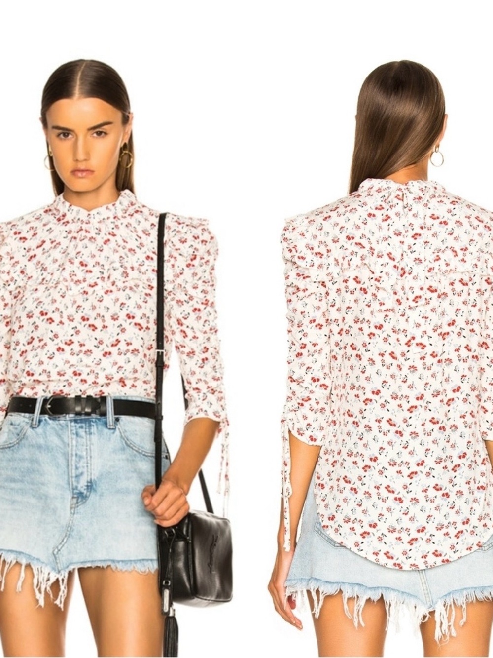 VERONICA BEARD  Floral Tie-Sleeve Blouse - White with Red Print